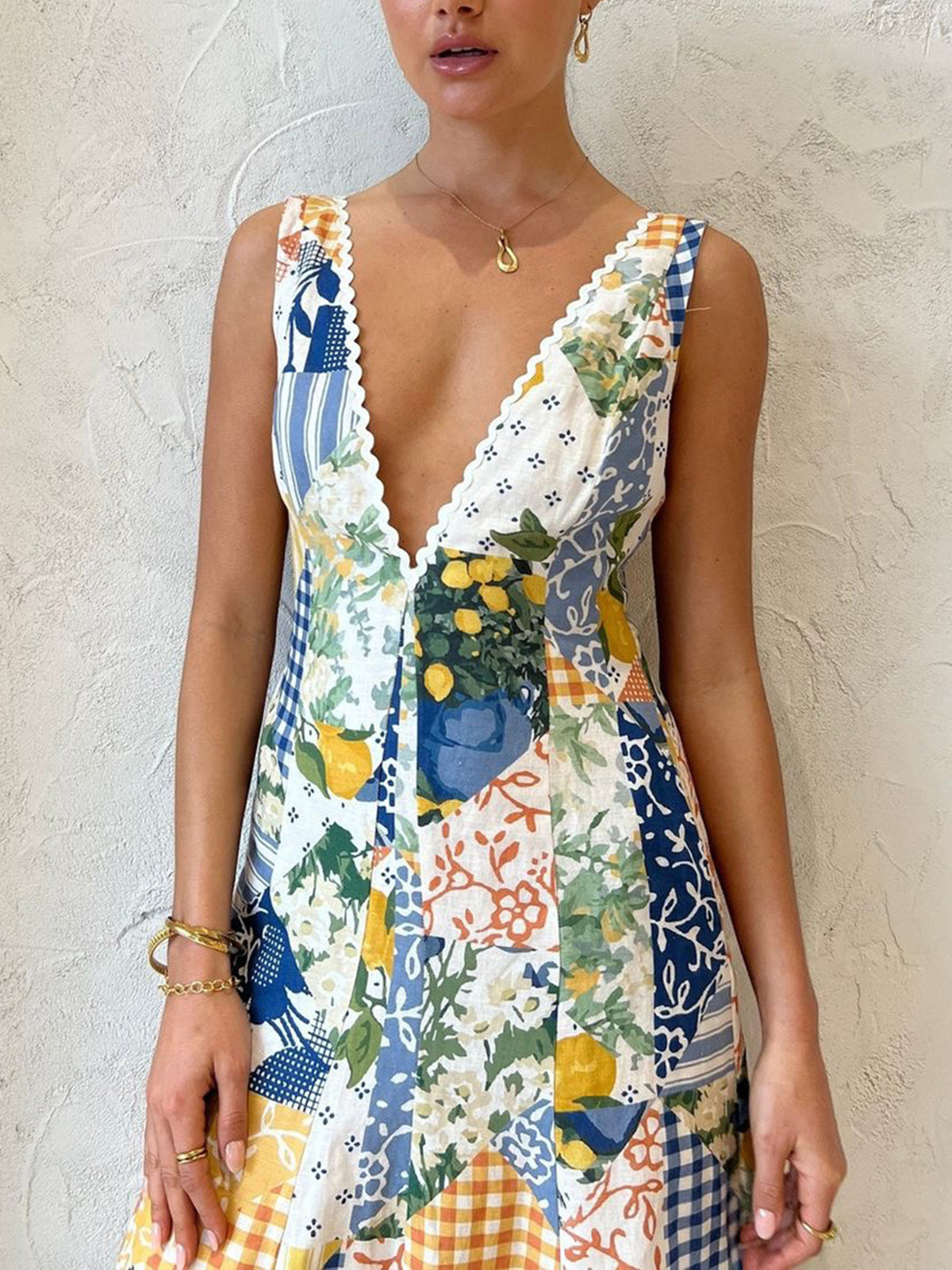 Aisling - Robe longue avec imprimé limonade et bordures en dentelle