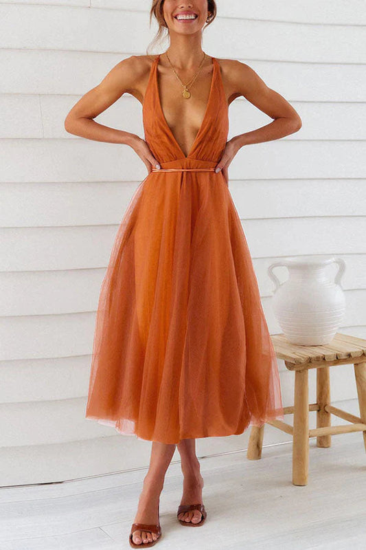 Alena - Robe midi romantique en tulle avec décolleté en V