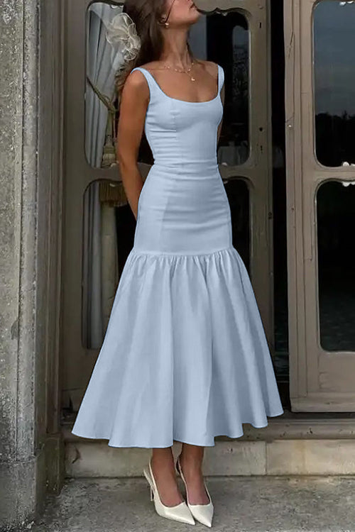 Amaya - Robe midi sans manches à col rond et volants