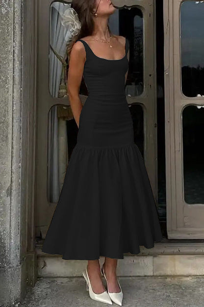 Amaya - Robe midi sans manches à col rond et volants