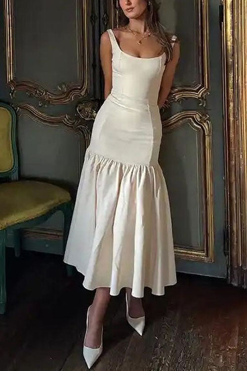 Amaya - Robe midi sans manches à col rond et volants