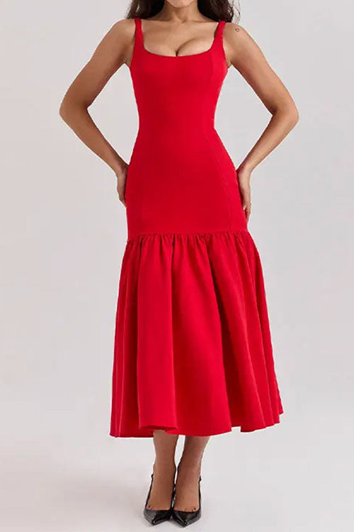 Amaya - Robe midi sans manches à col rond et volants