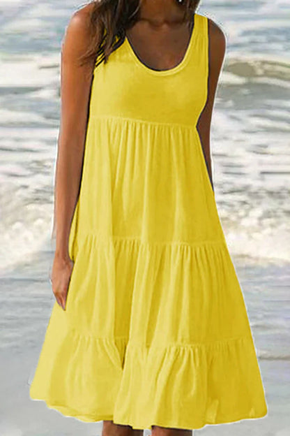Anja - Robe jupe à col rond de couleur pastel en patchwork uni, doux et tendance
