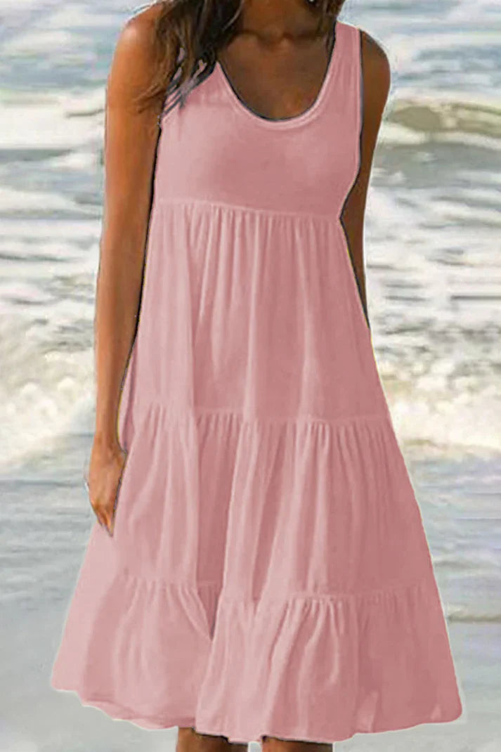 Anja - Robe jupe à col rond de couleur pastel en patchwork uni, doux et tendance