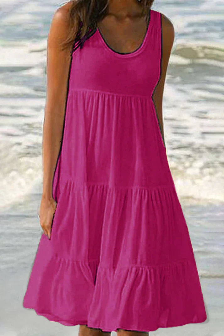Anja - Robe jupe à col rond de couleur pastel en patchwork uni, doux et tendance