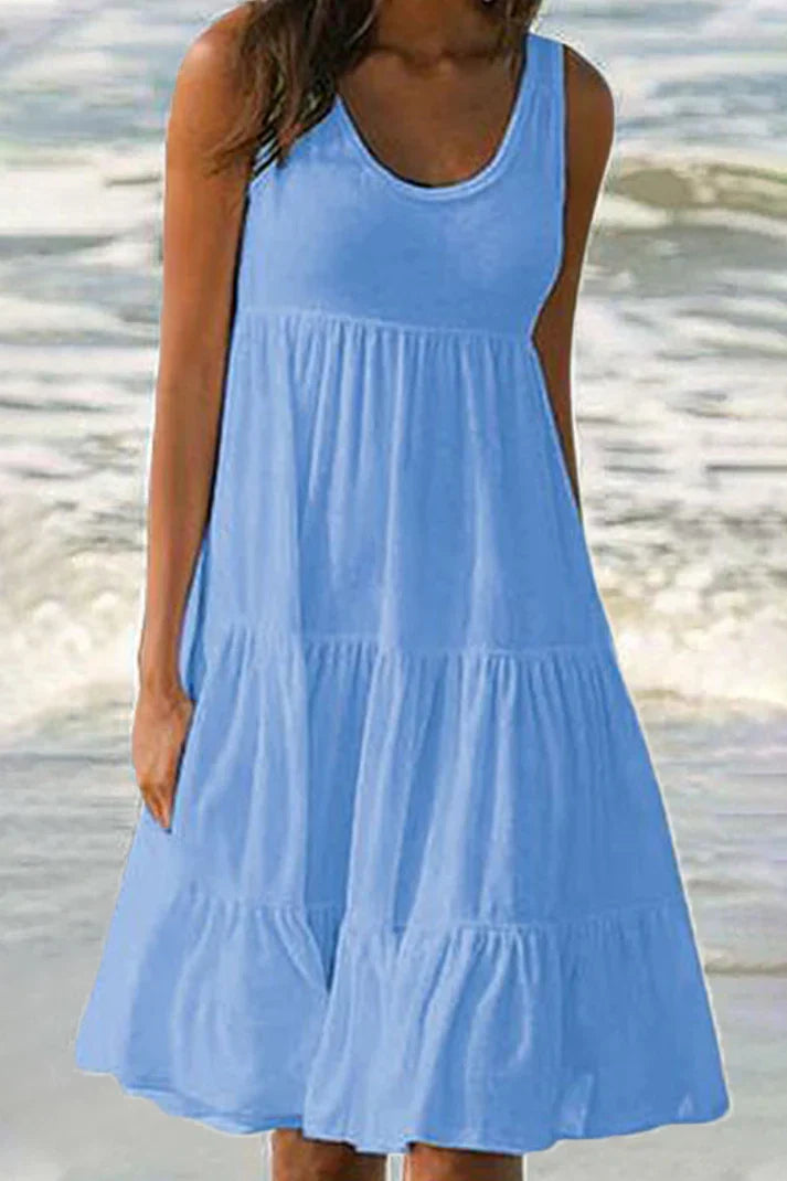 Anja - Robe jupe à col rond de couleur pastel en patchwork uni, doux et tendance