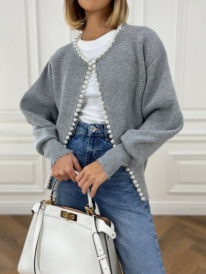 Pearl Trim | Torn Hem Cardigan Sweater Ladies