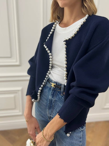Pearl Trim | Torn Hem Cardigan Sweater Ladies