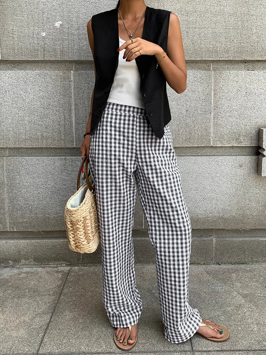 Pantalon large décontracté à carreaux