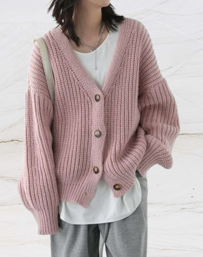 Heart - Pull Tricoté Oversize avec Col V et Fermeture à Boutons pour l'Hiver pour Femmes