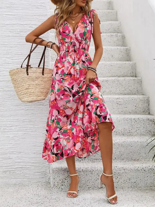 Briella - Robe imprimée sans manches avec ceinture et décolleté en V