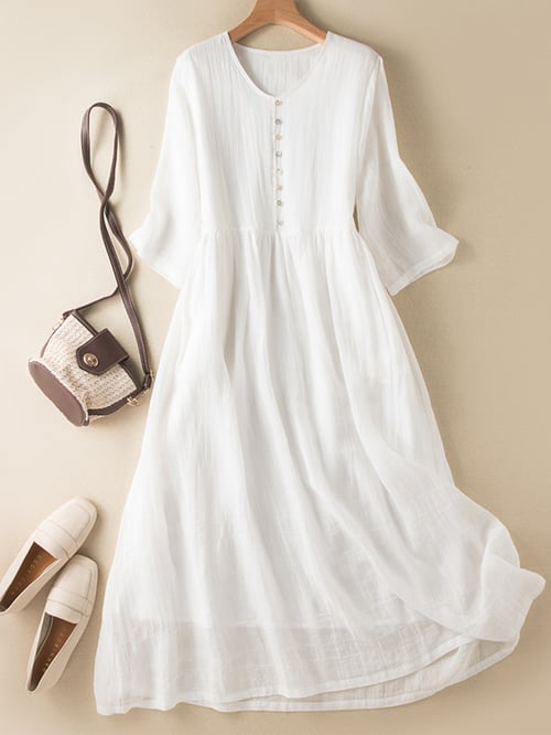 Britney - Robe féminine à col en V, unie, manches mi-longues