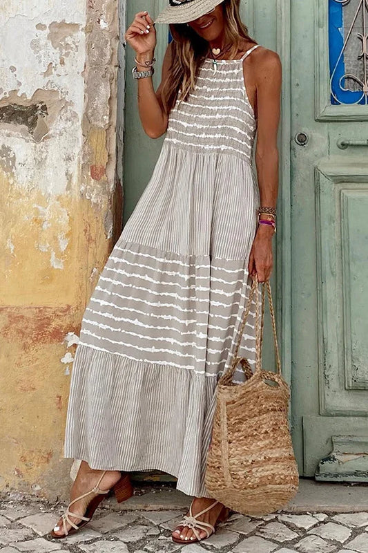 Brynn - Robe longue évasée avec col licou et rayures d'été