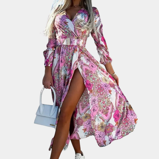 Robe longue de femme avec fente et ceinture