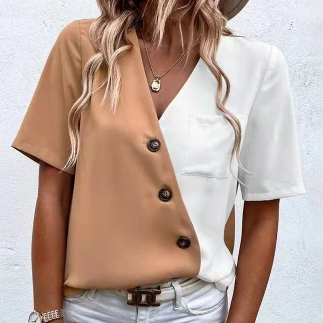 Lara - Chemisier pour femme avec encolure en V chic, détails de boutons et élégance bicolore