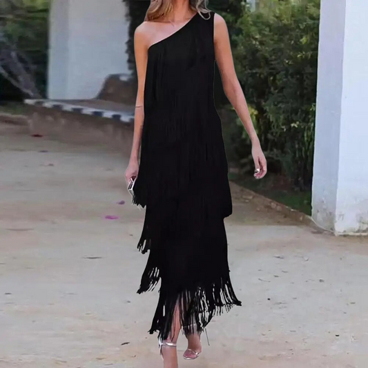 Carol - Élégante robe à une épaule avec des pompons