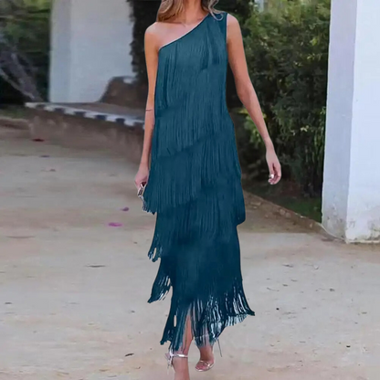 Carol - Élégante robe à une épaule avec des pompons