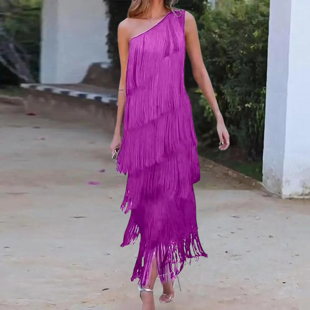 Carol - Élégante robe à une épaule avec des pompons