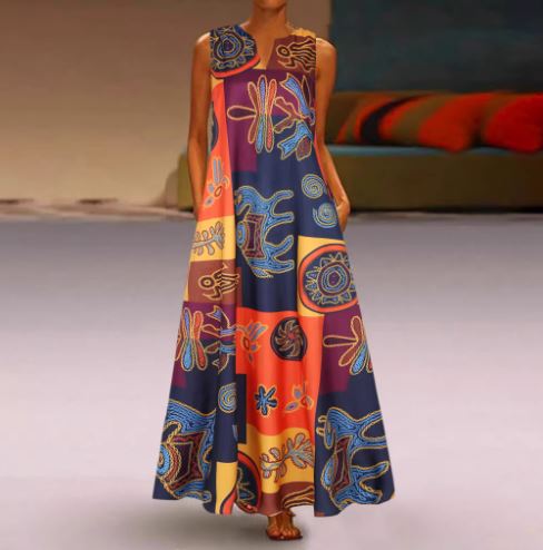 Charlote - Robe d'été sans manches à col en V avec imprimé rétro