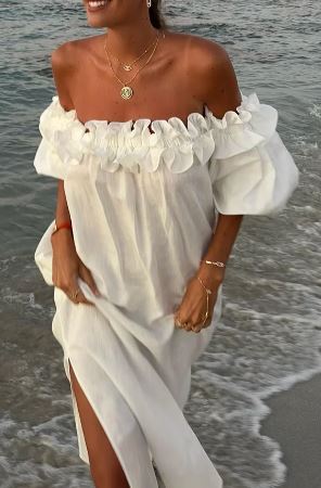 Ruby - Robe midi à épaules découvertes avec volants, manches bouffantes et poches