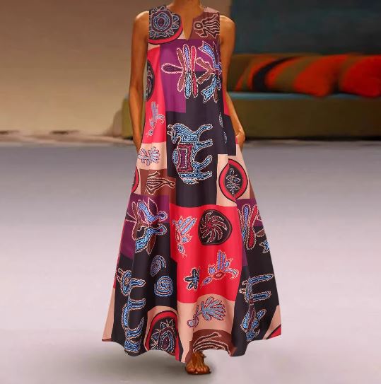 Charlote - Robe d'été sans manches à col en V avec imprimé rétro