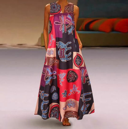 Charlote - Robe d'été sans manches à col en V avec imprimé rétro