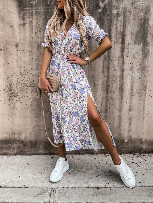 Carmen - Robe longue à col en V à motifs