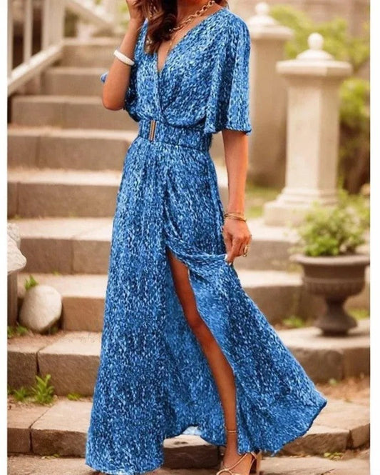 Carrie - Robe longue élégante avec décolleté en V, manches courtes et bel imprimé floral