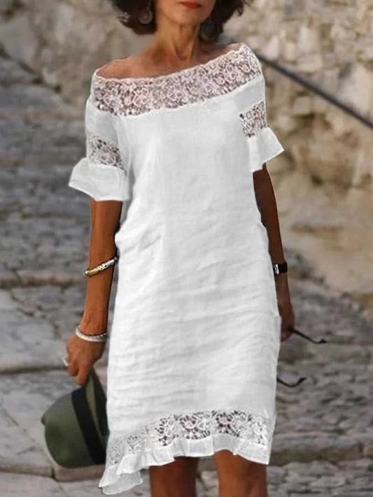 Robe décontractée en velours côtelé de coton avec manches trois quarts et dentelle