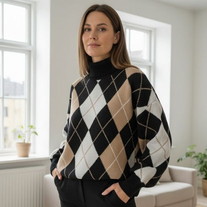 Catherine | Pull Femme Élégant Motif Géométrique à Col Montant