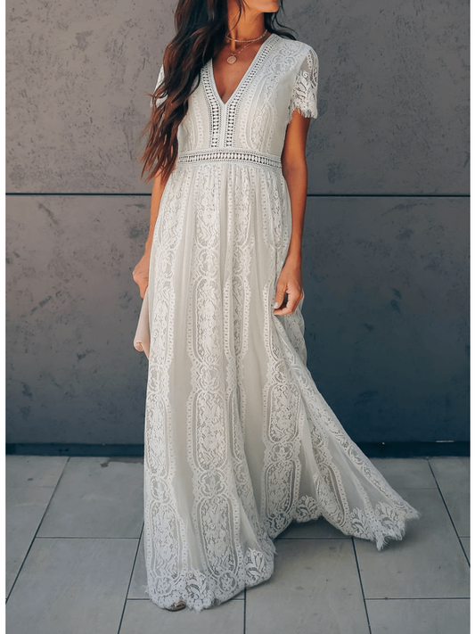 Celestia - Robe longue en dentelle à manches courtes et col en V