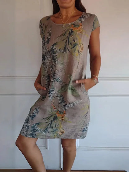 Charlie - Robe en coton et lin imprimé à encolure ronde pour femme