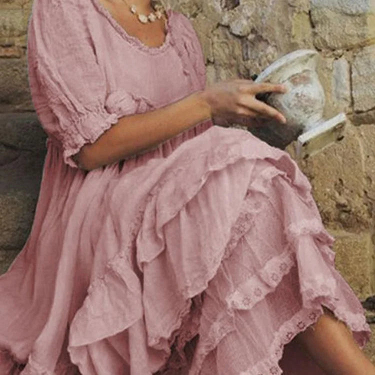 Robe longue confortable en lin avec volants en coton de style vintage