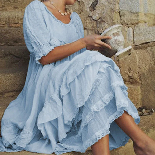 Robe longue confortable en lin avec volants en coton de style vintage