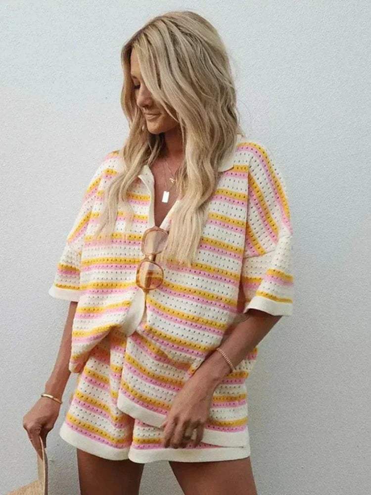 Ensemble T-shirt et pantalon - Rayures décontractées - Coton respirant - Parfait pour les journées d'été