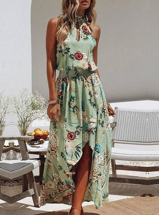 Cosima - Robe verte à imprimé floral et encolure ronde à la mode
