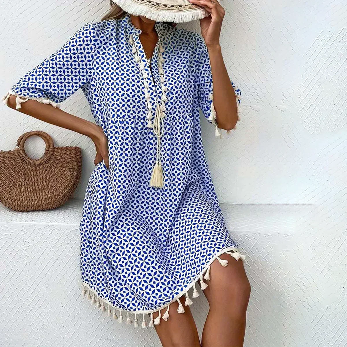 Cressida - Mini robe bleu groovy à manches courtes