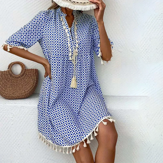 Cressida - Mini robe bleu groovy à manches courtes