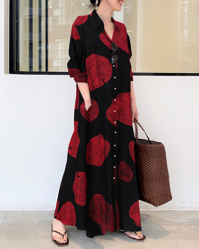 Cypriana - Robe en lin imprimé à manches longues avec robe longue ample