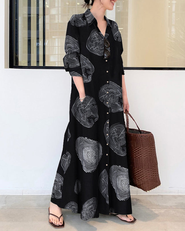 Cypriana - Robe en lin imprimé à manches longues avec robe longue ample