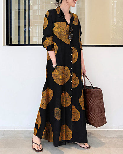 Cypriana - Robe en lin imprimé à manches longues avec robe longue ample