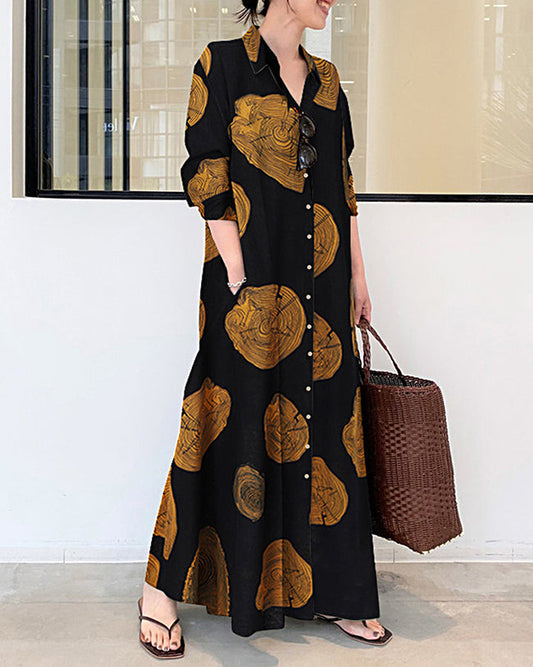 Cypriana - Robe en lin imprimé à manches longues avec robe longue ample
