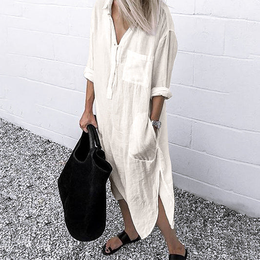 💐Elégante robe chemise monochrome avec fente💐