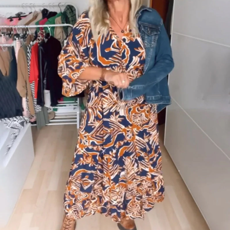 Robe longue imprimée à encolure classique