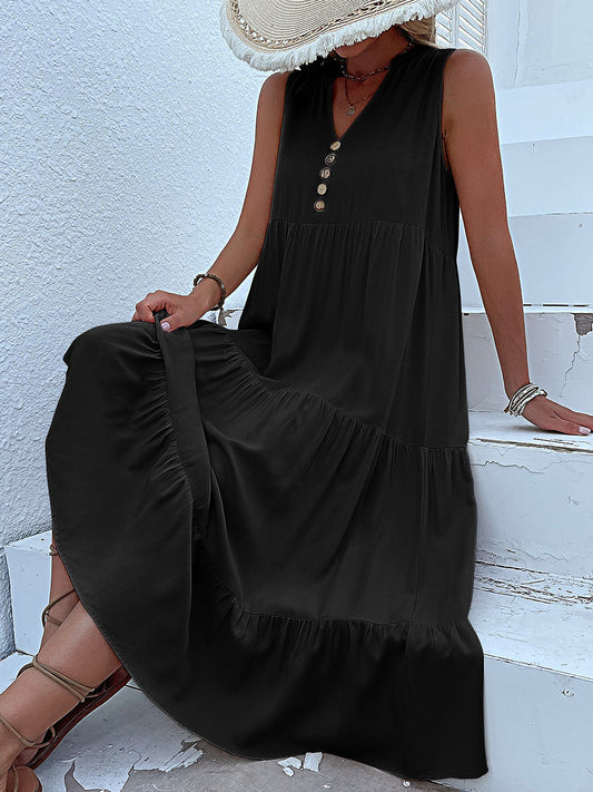 Amoura - Robe d'été midi unie et ample avec boutons pour femmes
