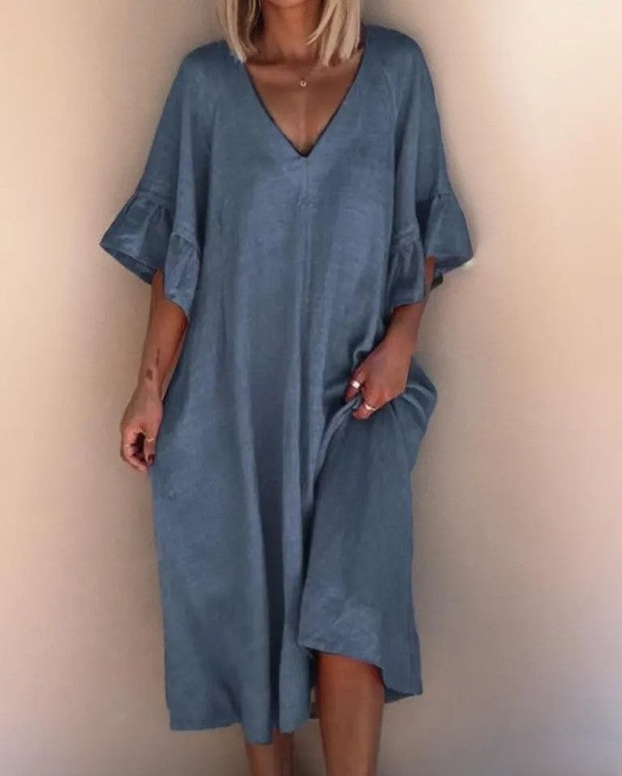 Dakota - Robe élégante à col en V, cousue librement, de couleur unie