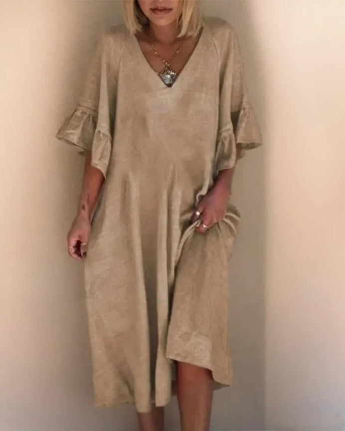 Dakota - Robe élégante à col en V, cousue librement, de couleur unie