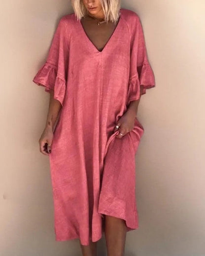 Dakota - Robe élégante à col en V, cousue librement, de couleur unie