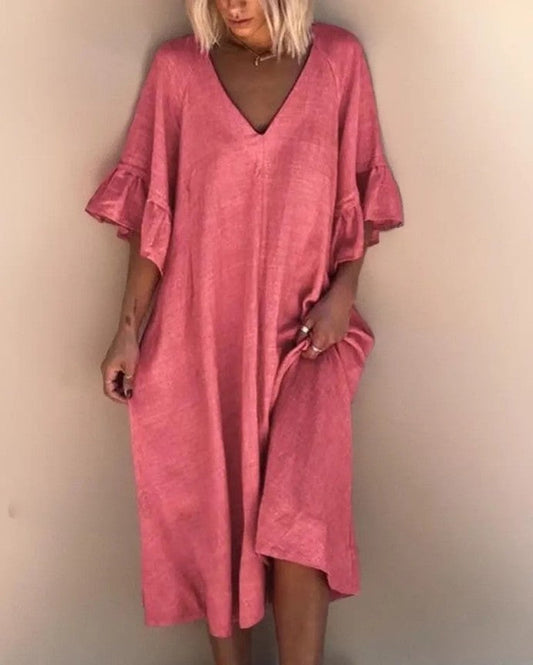 Dakota - Robe élégante à col en V, cousue librement, de couleur unie