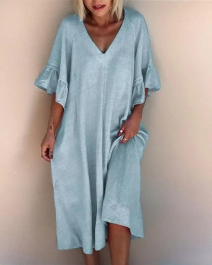 Dakota - Robe élégante à col en V, cousue librement, de couleur unie